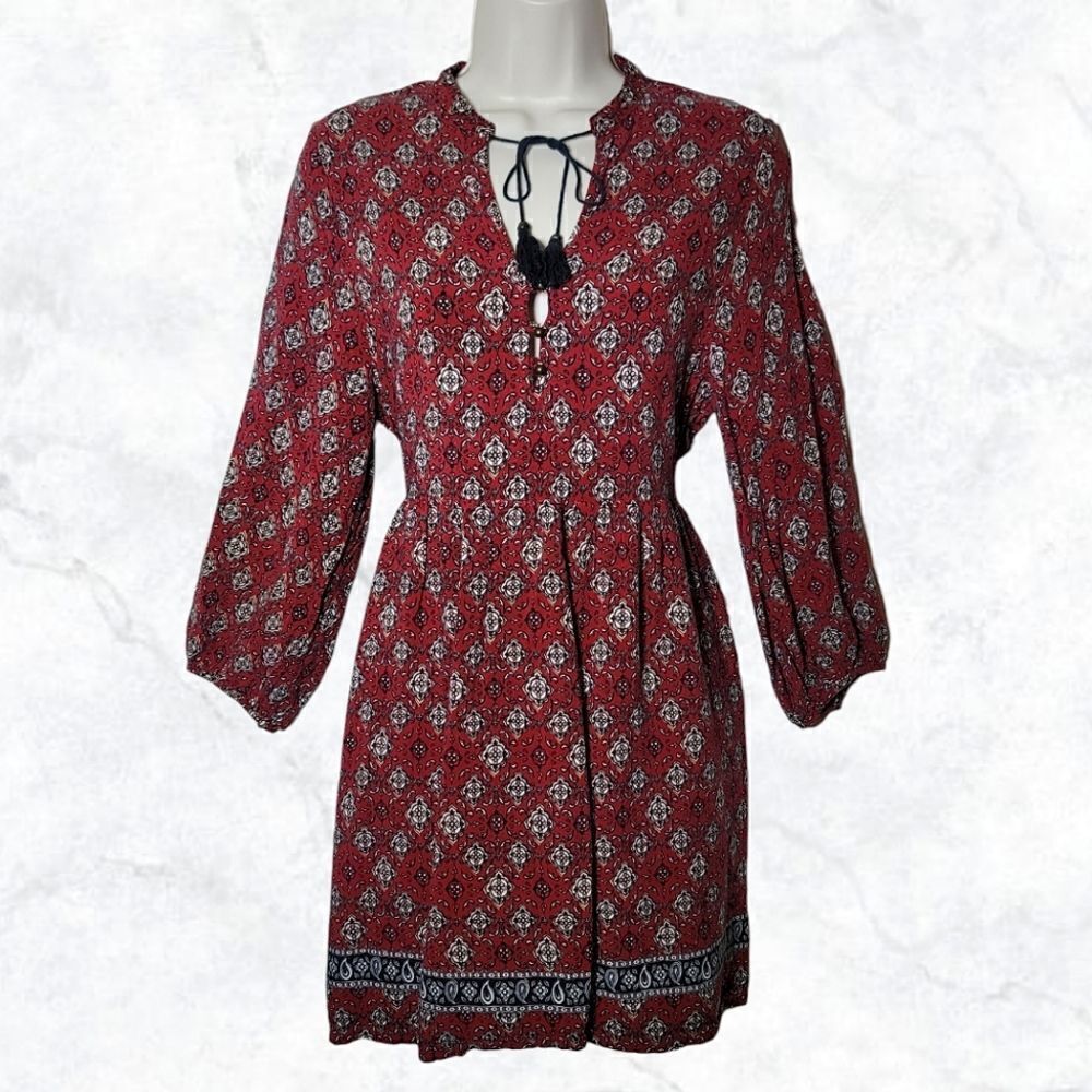 Forever 21 Red Boho Long Sleeve Tunic Dress W/ Tassels